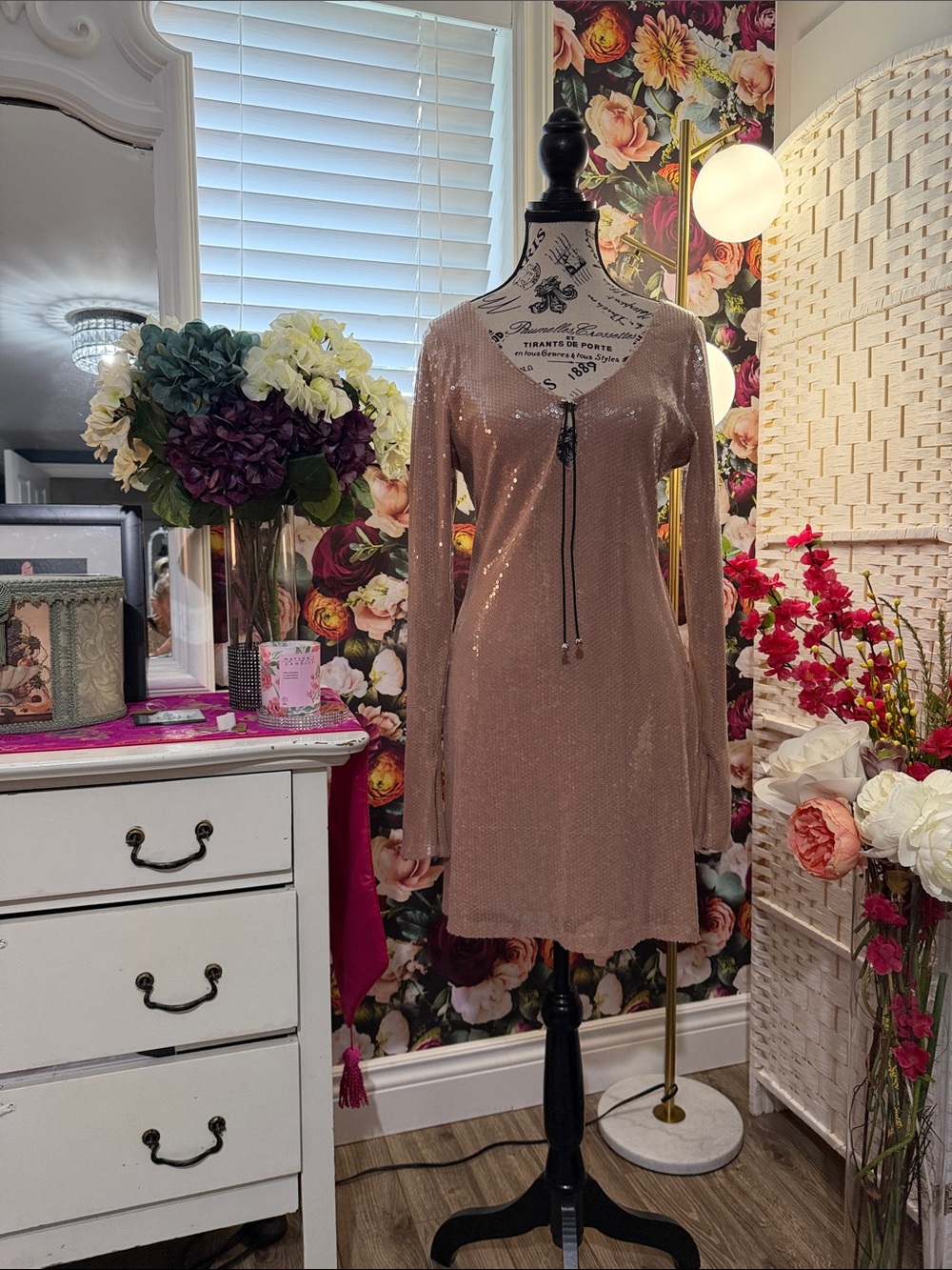 Windsor Rose Gold Sequin Long Sleeve V-Neck Mini Dress with Tie